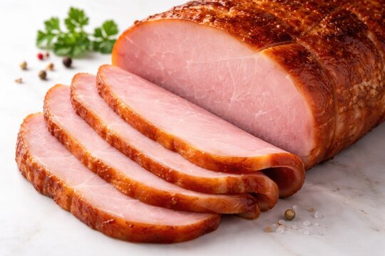 Close up of sliced cooked ham on a smooth white background