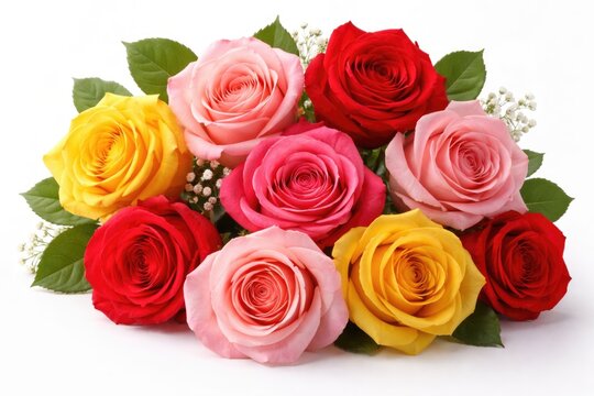 Eight vivid roses in yellow pink and red tones arranged on a white background for presentation