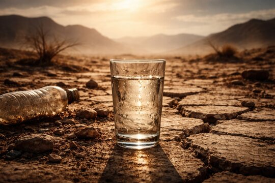 Desert landscape emphasizing urgent water scarcity with a focus on a glass of clean drinking water