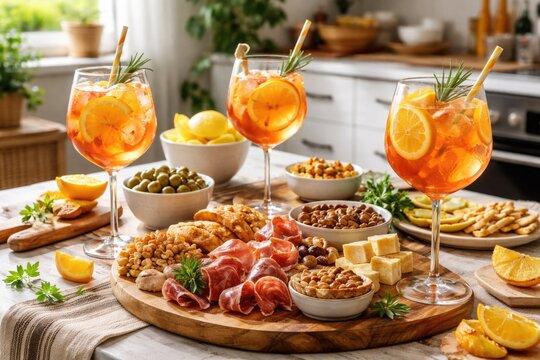 Bright citrus spritz and savory snacks laid out on stylish kitchen table