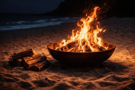 Fire bowl emitting flames on a sandy beach at night with firewood nearby
