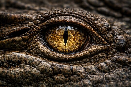 Macro shot of a crocodile eye with sharp focus on skin patterns
