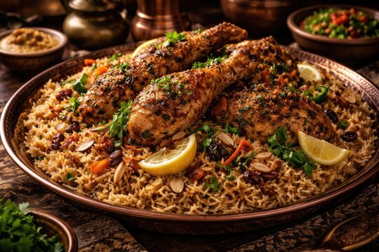 Herb infused chicken kabsa representing traditional Arabian cuisine