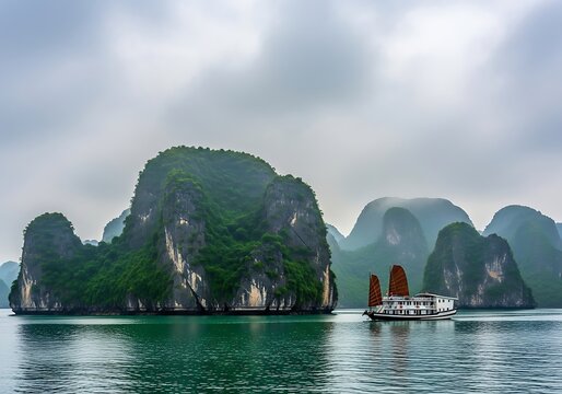 Traditional wooden junk boat sailing near limestone islands in ha long bay vietnam