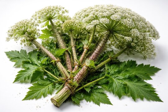 Giant hogweed plant exhibiting its characteristic prickly stems with dense flowering heads and fresh green leaves on a white surface