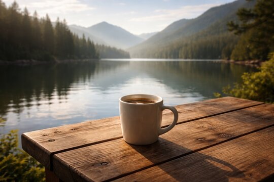 Calm nature perspective showing coffee cup resting on natural timber table overlooking placid lake and rolling peaks