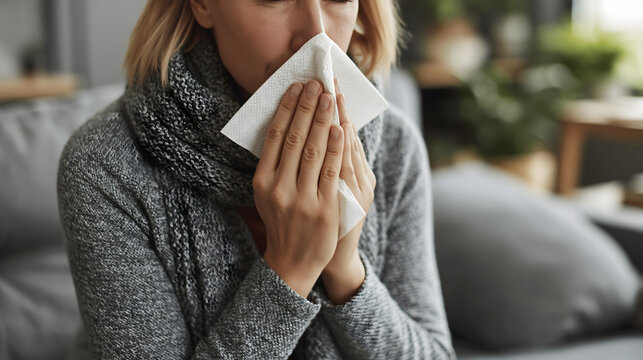 Woman blowing nose with tissue indoors, suffering from cold or allergy, close-up scene at home, healthcare concept, illness symptoms and hygiene routine