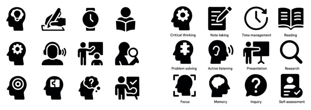 Learning icons with head book pen flat simple
