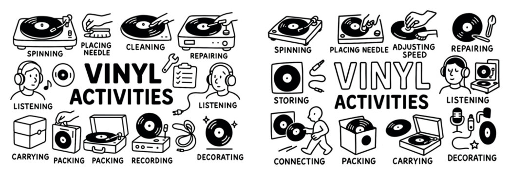 Music icons with turntable and record outline style