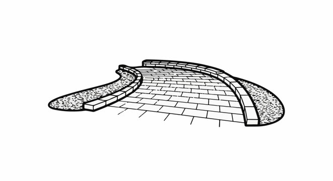 A curving pathway made of brick and gravel with stone borders