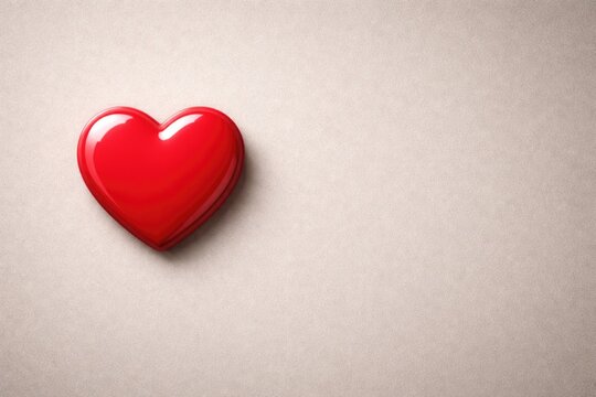Bright red heart shaped badge placed on a matte neutral texture with generous copy space