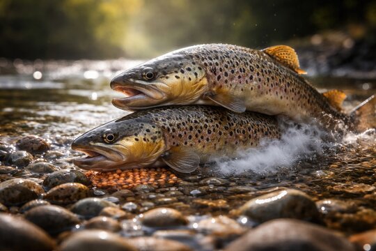 Close up of brown trout spawning in shallow water featuring copy space
