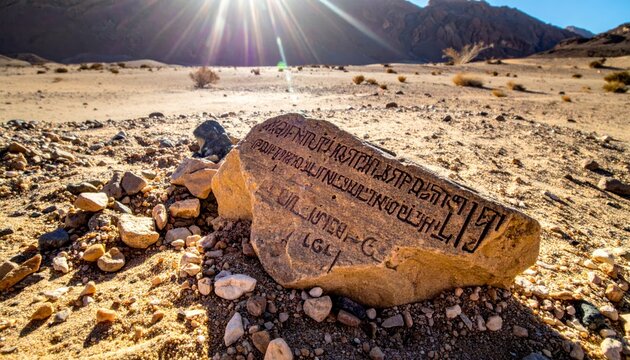 Ancient Ugaritic cuneiform inscribed stone tablet fragment lying in desert sands under bright sunlight
