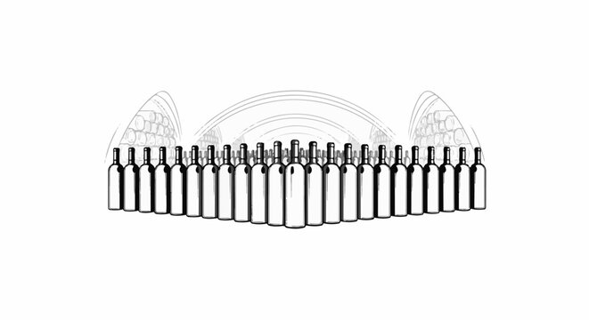 A line of wine bottles arranged in a semi-circle with barrels in the background