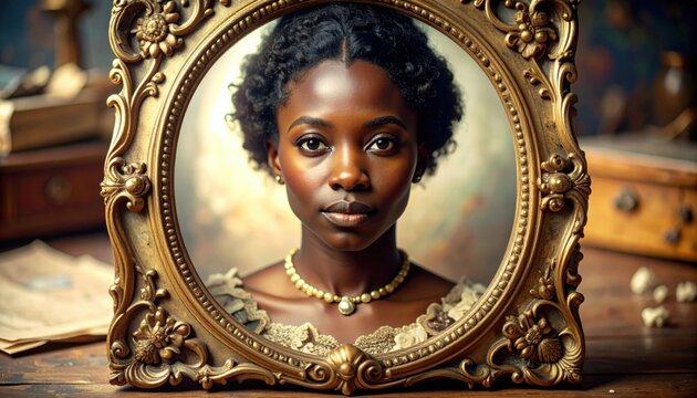 A captivating and majestic portrait of a dignified noblewoman with a serene gaze, elegantly framed in an ornate gilded oval frame, evoking historical grandeur.