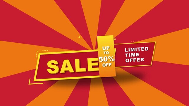 Dynamic animated announcement for a sale event with up to fifty percent savings and limited time offer displayed prominently against a radiating red and orange pattern perfect for retail advertis