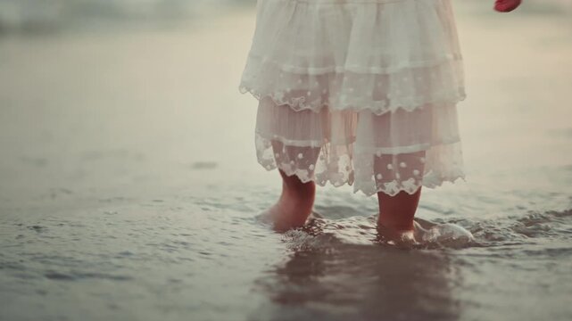 Asian toddler girl in a white dress walking barefoot through gentle sea waves on a sandy beach during summer vacation. A nostalgic and peaceful moment of childhood wonder and exploration in nature