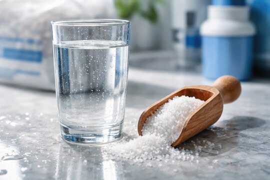 Clean water served in glass next to a scoop of salt used in water hardness reduction process