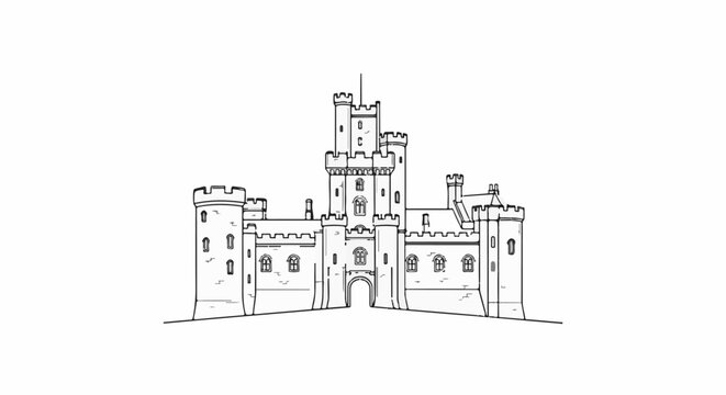 A detailed line drawing of a grand castle with multiple towers and crenellated walls