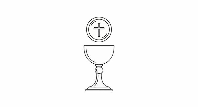 A black outline drawing of a chalice and host with a cross