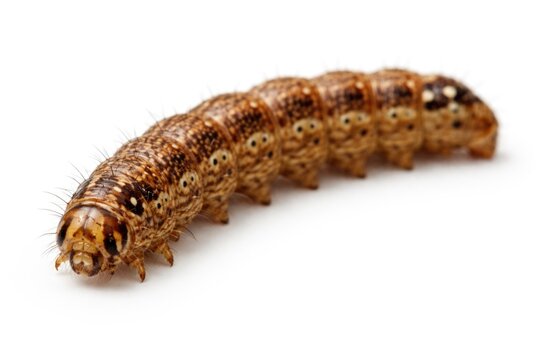 Brown caterpillar Crocidolomia binotata in sharp macro focus against white background with space for text