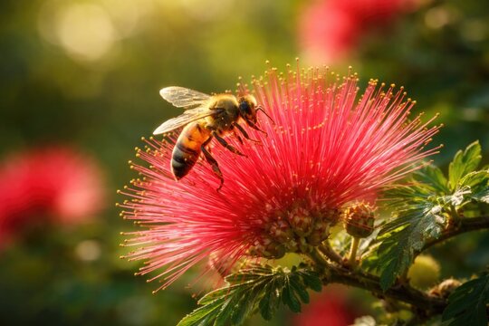 Natural light highlights red Calliandra flower visited by busy bee