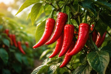 Obraz premium Bright ripe chili fruit growing on a green plant with thick strong stem and leaves