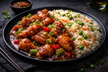 Fototapeta premium Freshly cooked Chicken Manchurian with seasoned basmati rice and colorful vegetables on black setting