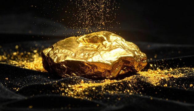 A large, gleaming gold nugget resting on a dark velvet cloth with scattered gold dust falling.