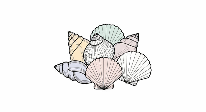 A collection of detailed line drawings of various seashells in soft pastel colors