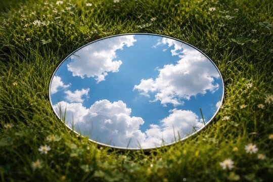 Blue sky and cloud reflections seen in circular mirror lying on lush grass