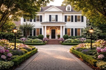 Naklejka premium Front garden and driveway of colonial style house with inviting entrance