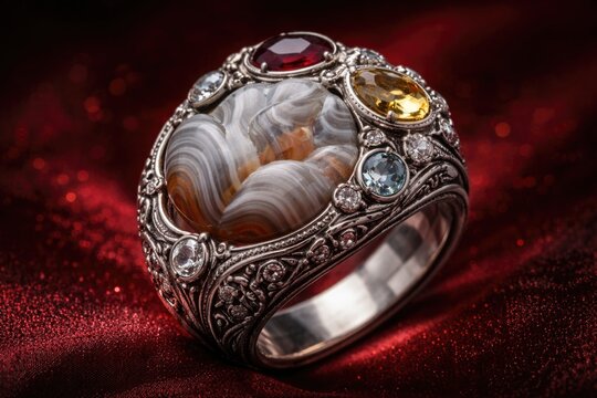 Artisan silver carved agate ring with layered gems captured against a shimmering deep red background