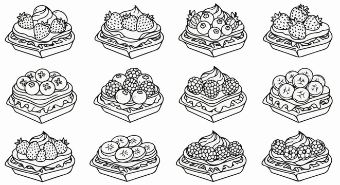 A delightful assortment of twelve stylized fruit-topped waffles and pastries