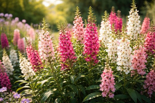 Full bloom Angelonia plants displaying varied pink and white flowers with rich green foliage during a summer day