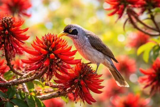 Colorful red erythrina flowers hosting a large noisy honeyeater in springtime
