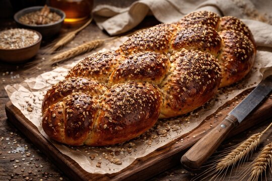 Illustrative art of traditional homemade challah bread with a rich coating of decorative seeds