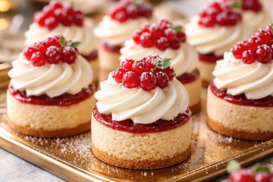 Elegant small cakes with creamy whipped topping and red currants displayed attractively for dessert showcase