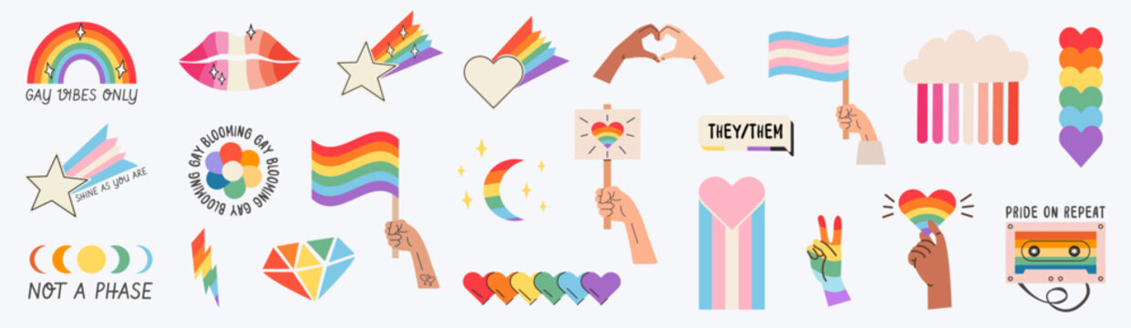 Retro LGBTQ pride stickers with diverse hands and identity flags. Hand-drawn queer doodles of transgender flag, lesbian lips, non-binary pronouns, and inclusive protest signs for pride month. Vector 