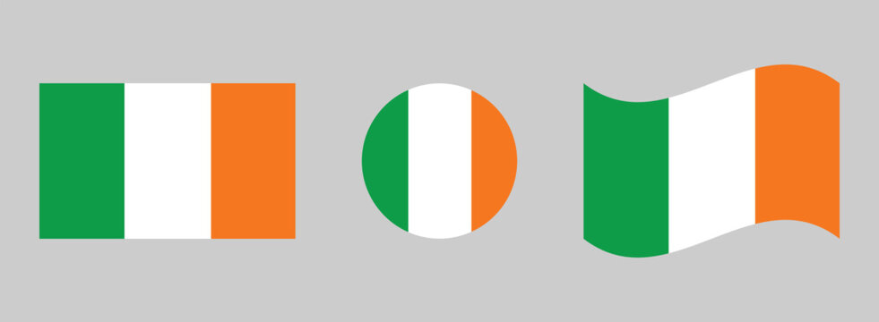 Three irish flags displayed in different formats: rectangular circular wavy with national tricolor republic heraldry identity patriotism representation collection