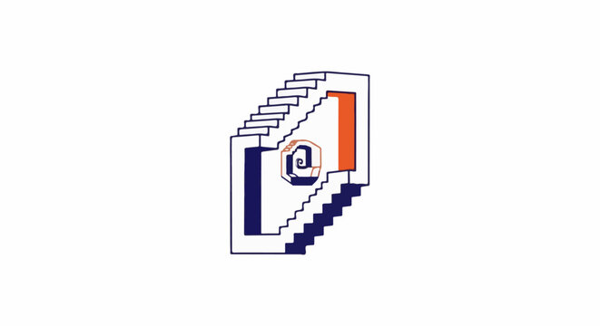 Abstract spiral staircase with orange door and blue accents