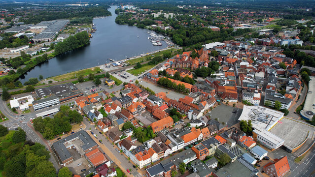 Aerial view around the old town of the city Rendsburg in Germany on a sunny spring noon