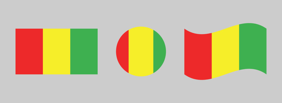 Three malian flags displayed in rectangular circular waving orientations with national tricolor republic heraldry identity patriotism representation collection