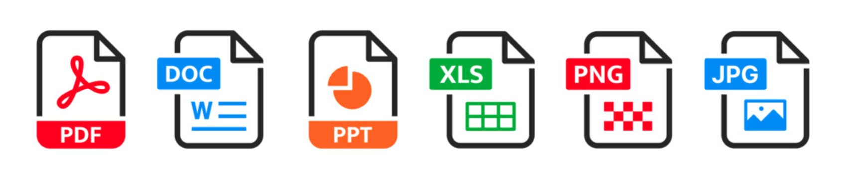 File type icon set. Format, PDF, DOC, PPL, XLS, PNG, JPG, text, image, folder, document symbol on white background - stock vector.