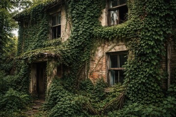 Fototapeta premium Dense ivy overgrowth impacting residential walls showing effects of nature on constructions needing repair