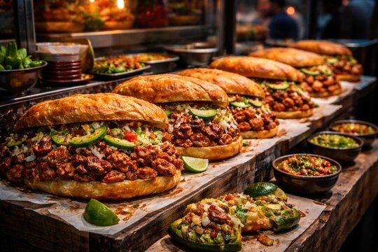 Flavorful Mexican street style roast tortas on display