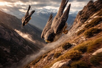 Fototapeta premium Dynamic birds of prey diving swiftly over rugged landscapes