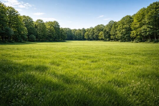 Open verdant field with tree line background offering copy space