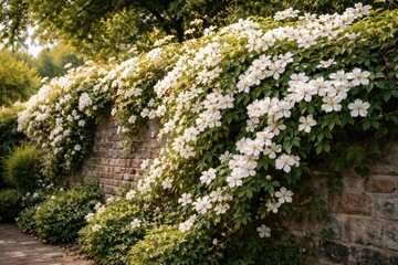 Naklejka premium Blooming white clematis montana alba adorning garden wall with vigor