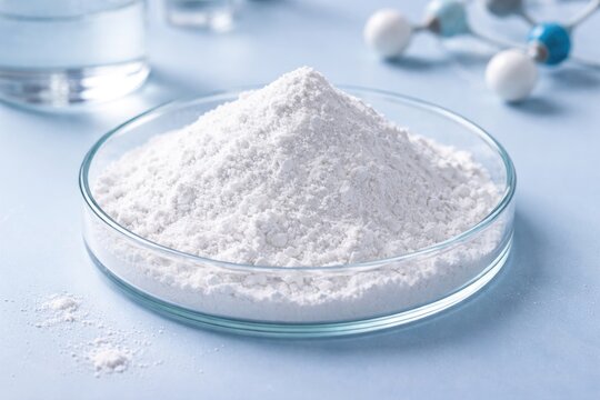 Educational close up of calcium carbonate powder in a clear Petri dish over a soft blue background